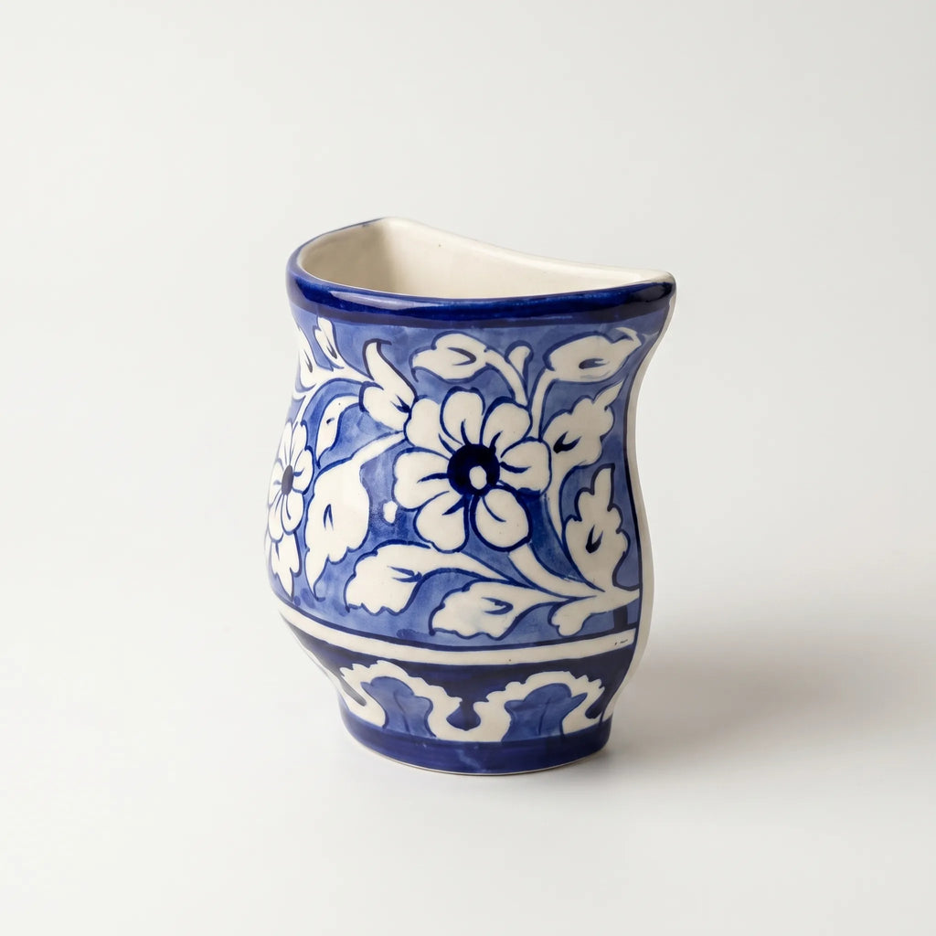 Blue Pottery Wall Planter – 5” Ceramic Hanging Planter with Sculpted Mouth (Multani)