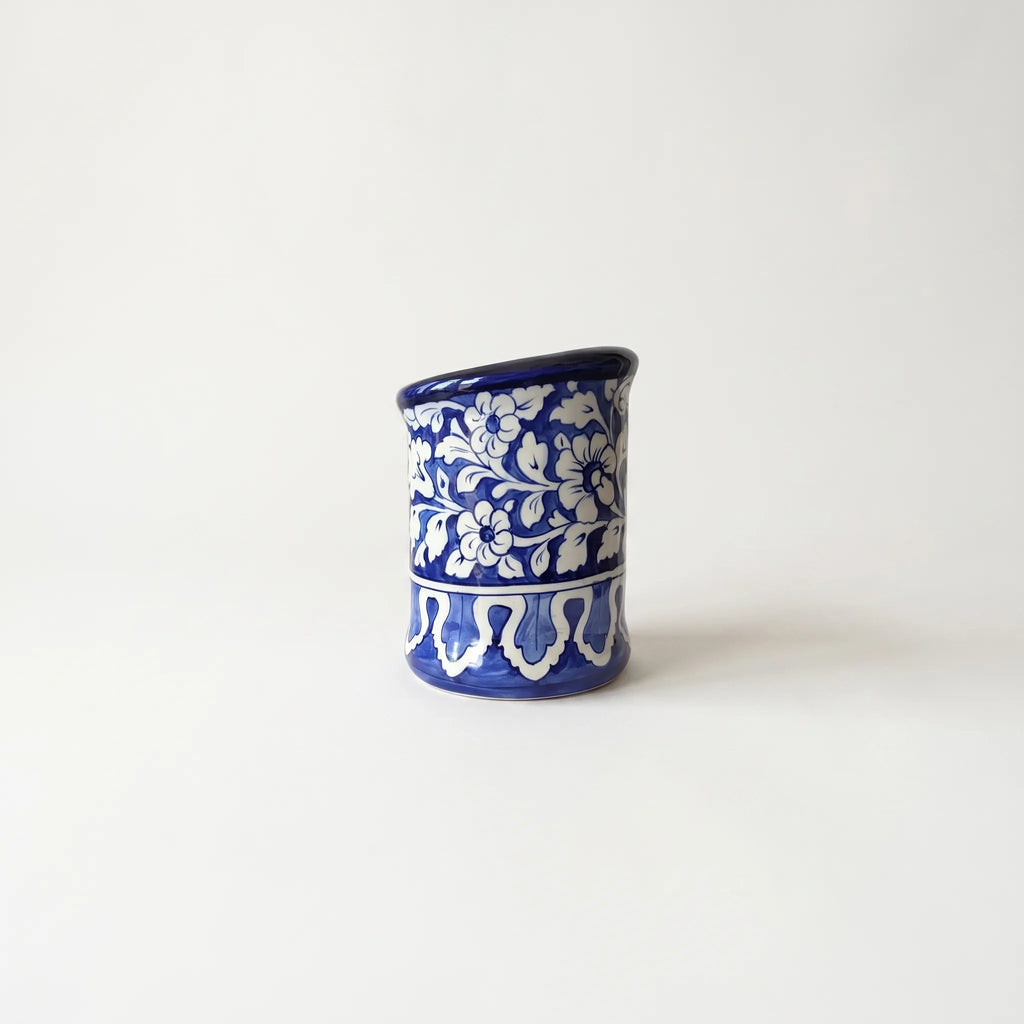 Blue Pottery Wall Planter – 7” Tall Ceramic Hanging Planter with Slanted Rim (Multani)