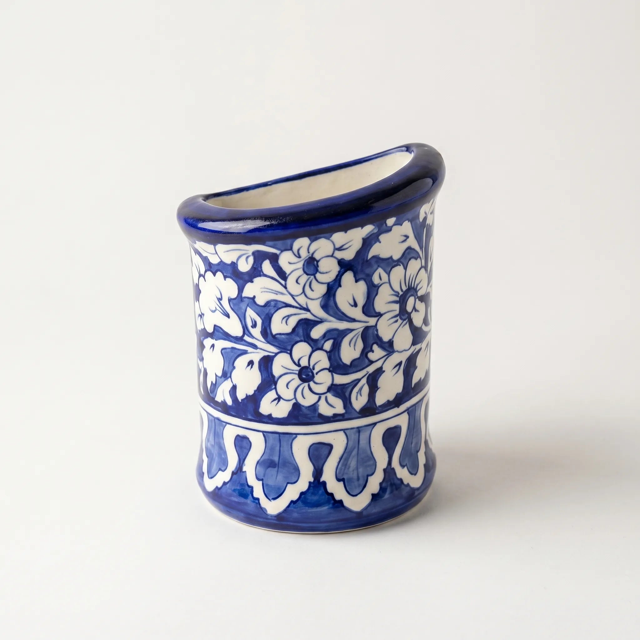 Blue Pottery Wall Planter – 7” Tall Ceramic Hanging Planter with Slanted Rim (Multani)