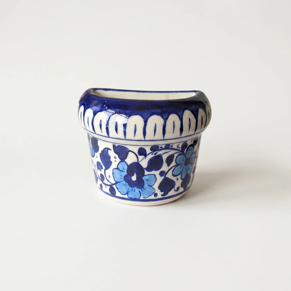 Blue Pottery Mini Wall Planter – 4” Ceramic Hanging Planter (Blue Floral)