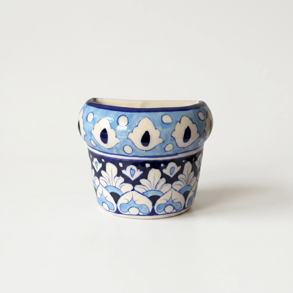 Blue Pottery Mini Wall Planter – 4” Ceramic Hanging Planter (Sky Blue Floral)