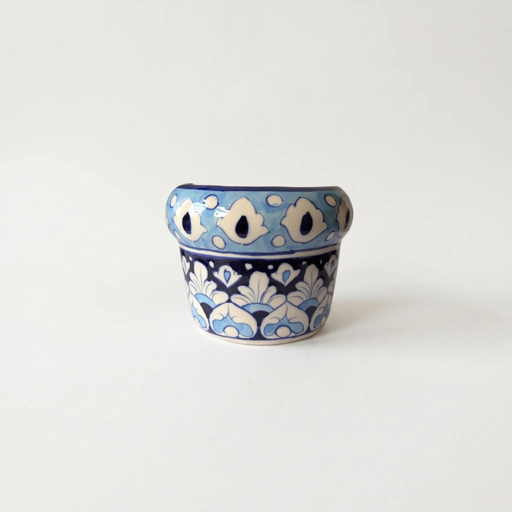 Blue Pottery Mini Wall Planter – 4” Ceramic Hanging Planter (Sky Blue Floral)
