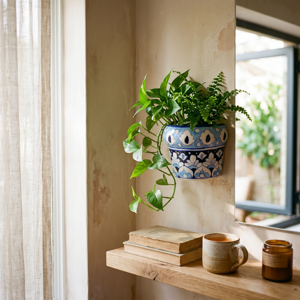 Blue Pottery Mini Wall Planter – 4” Ceramic Hanging Planter (Sky Blue Floral)
