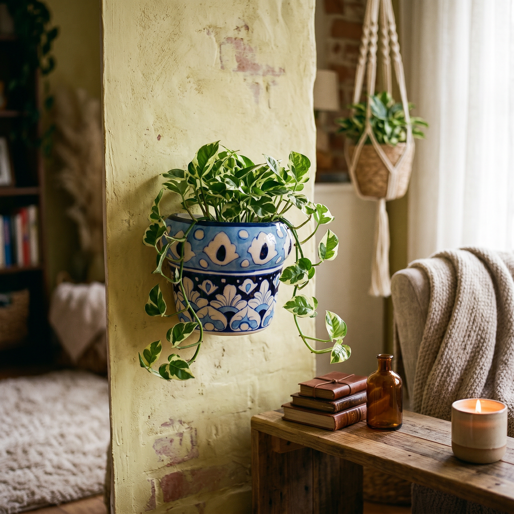 Blue Pottery Mini Wall Planter – 4” Ceramic Hanging Planter (Sky Blue Floral)