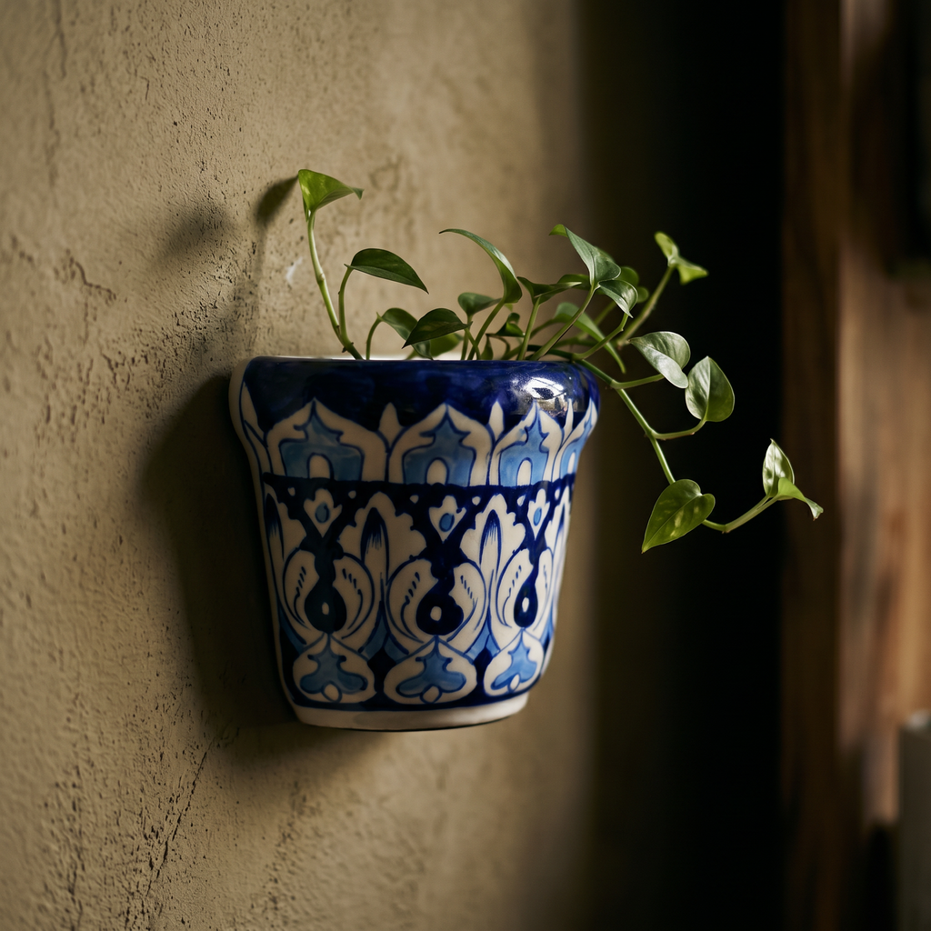 Blue Pottery Wall Planter – Hand-Painted Ceramic Wall Hanging Planter (5” Indoor Planter)