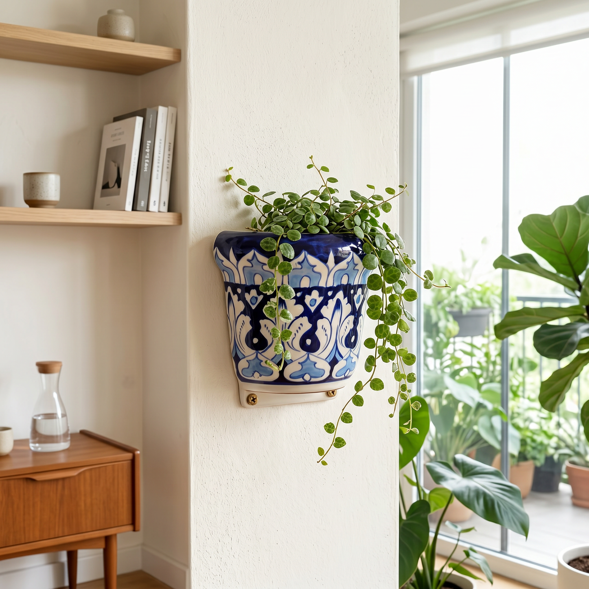 Blue Pottery Wall Planter – Hand-Painted Ceramic Wall Hanging Planter (5” Indoor Planter)