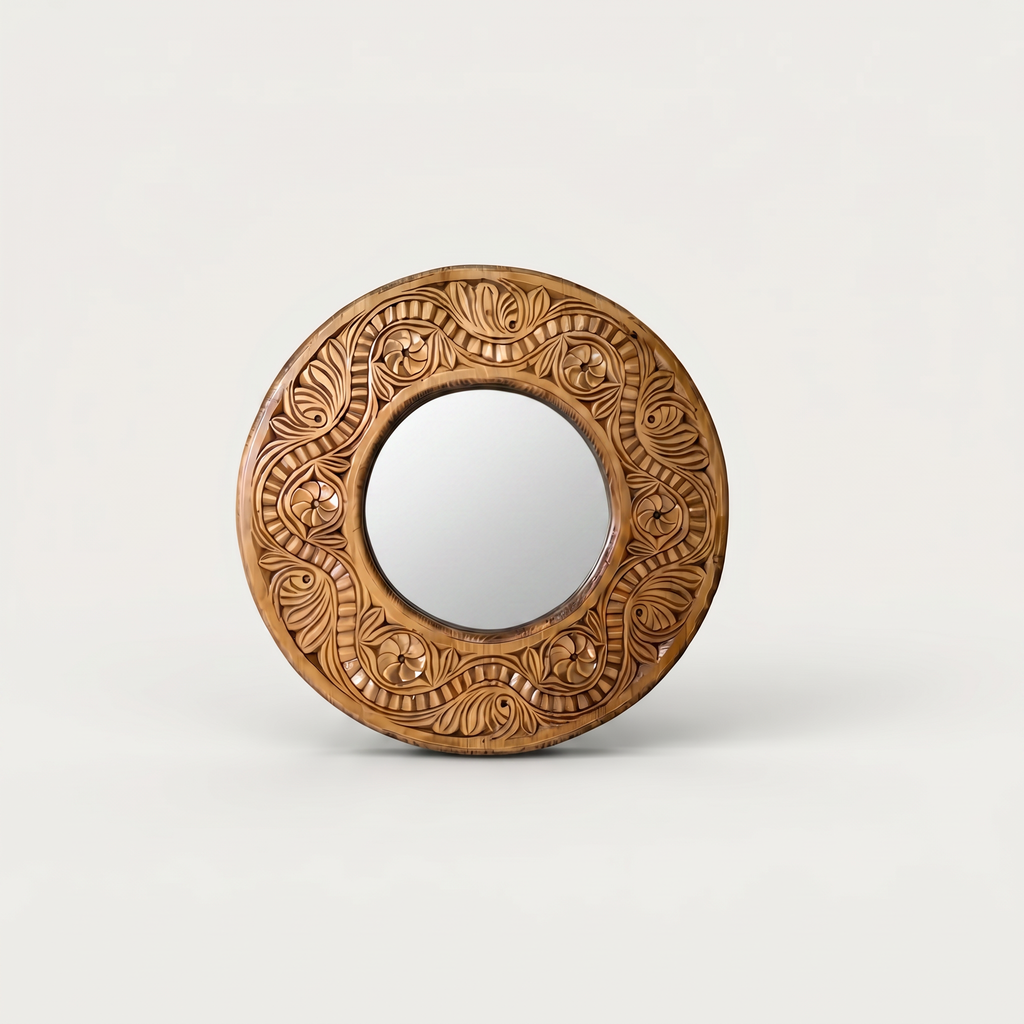 Hand-Carved Swati Round Mirror Frame – 20” Wooden Wall Mirror