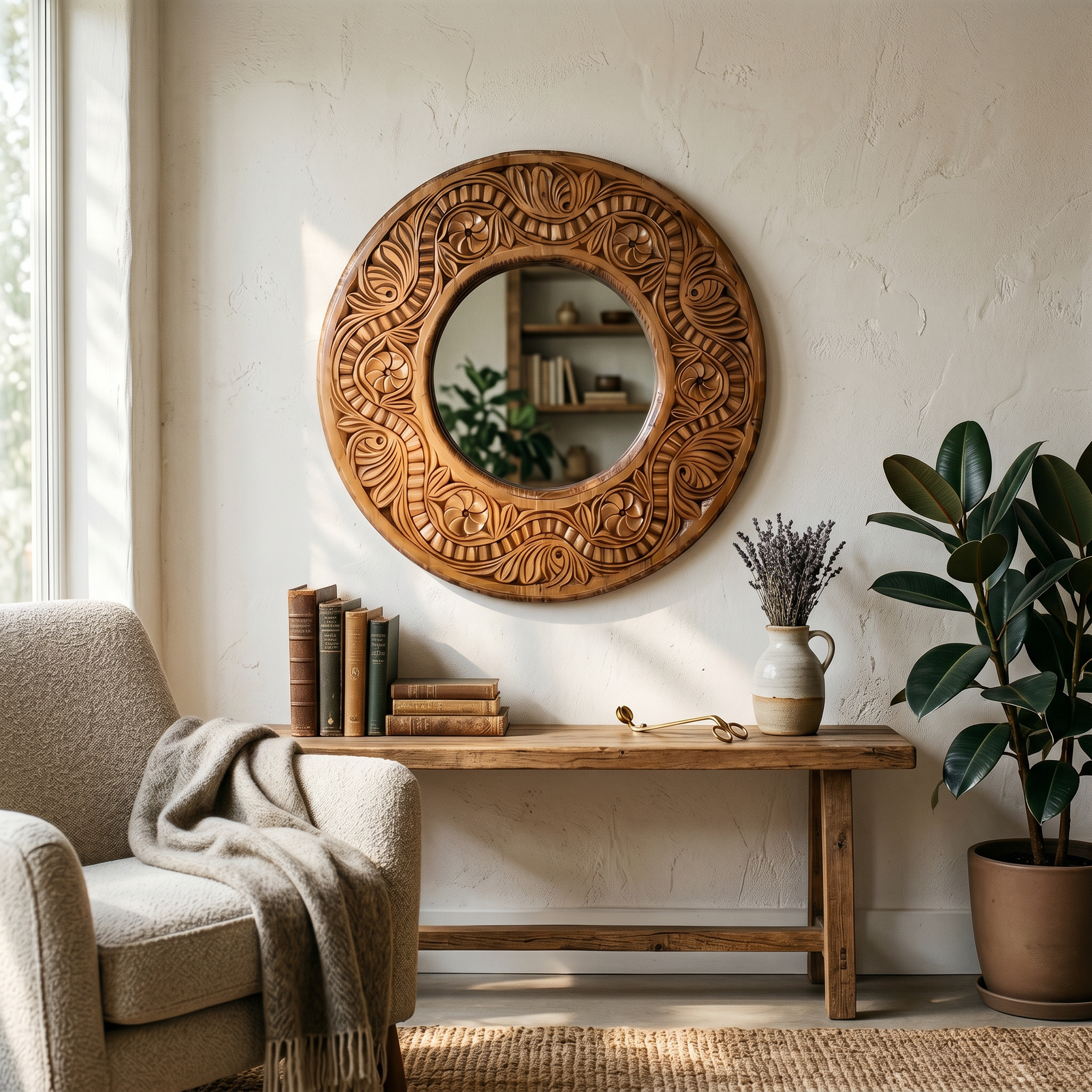 Hand-Carved Swati Round Mirror Frame – 20” Wooden Wall Mirror