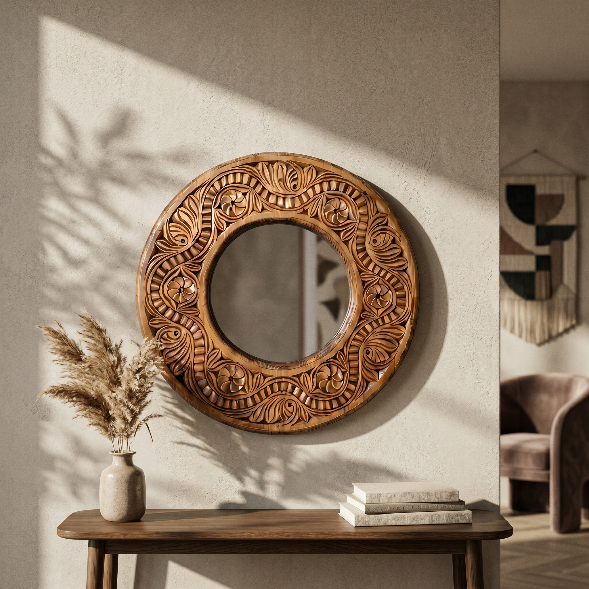 Hand-Carved Swati Round Mirror Frame – 20” Wooden Wall Mirror