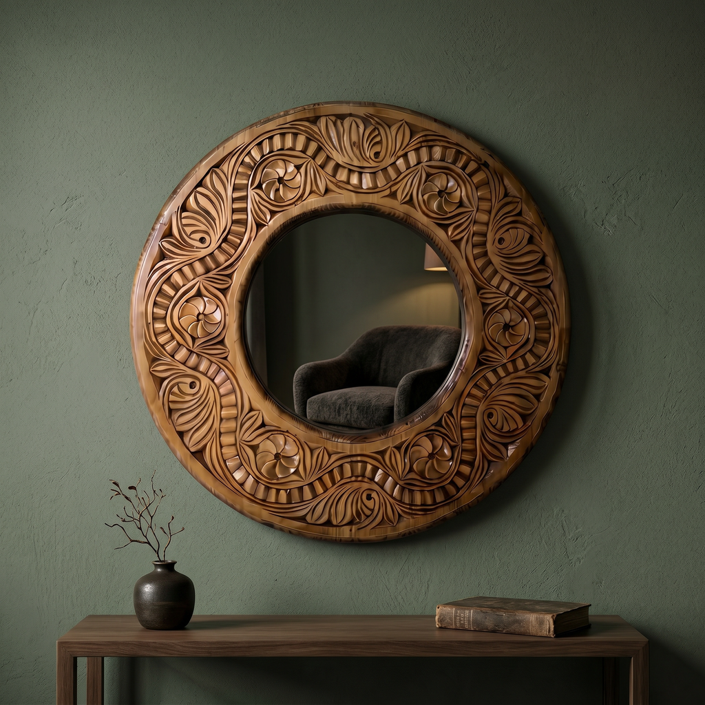 Hand-Carved Swati Round Mirror Frame – 20” Wooden Wall Mirror
