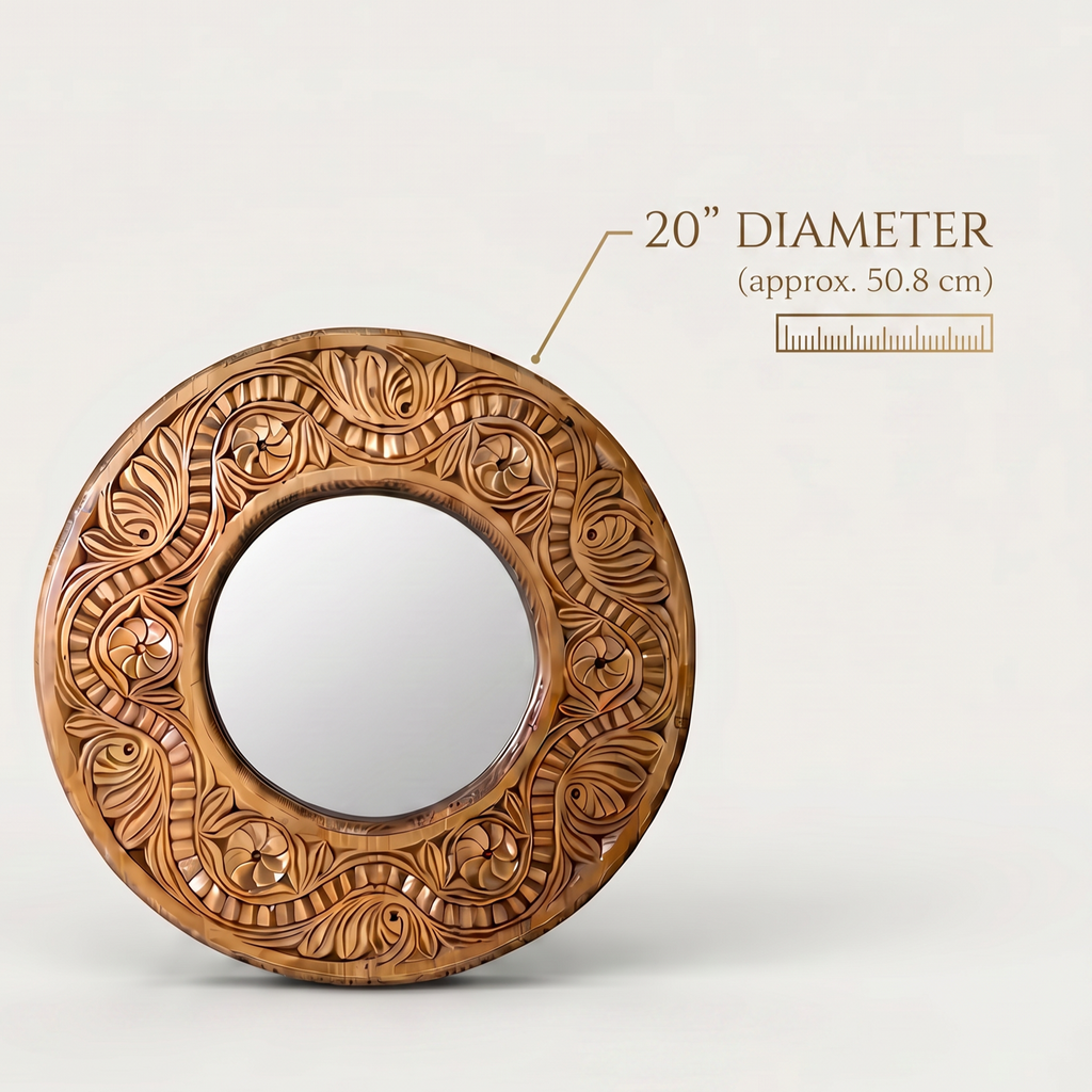 Hand-Carved Swati Round Mirror Frame – 20” Wooden Wall Mirror