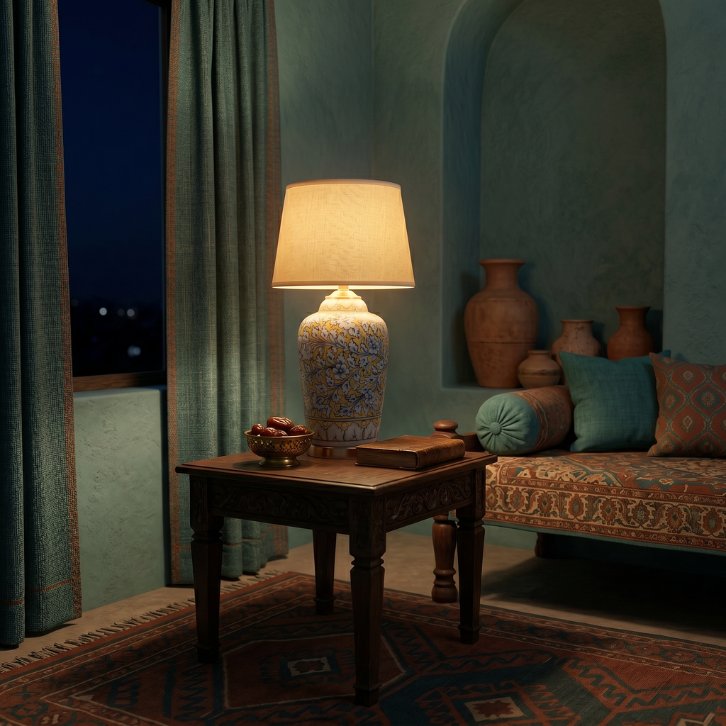 Blue Pottery Table Lamp Base – 16” Hand-Painted Ceramic Lamp