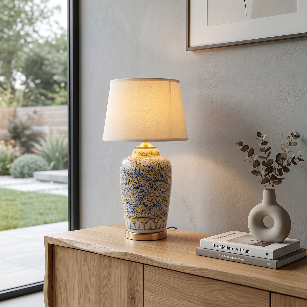 Blue Pottery Table Lamp Base – 16” Hand-Painted Ceramic Lamp