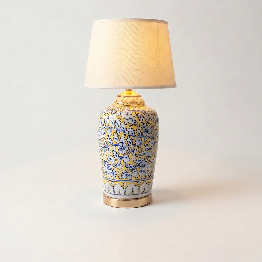 Blue Pottery Table Lamp Base – 16” Hand-Painted Ceramic Lamp